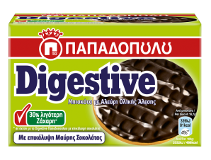 Μπισκότα Digestive με Επικάλυψη Μαύρης Σοκολάτας 30% λιγότερη Ζάχαρη Παπαδοπούλου (200g)